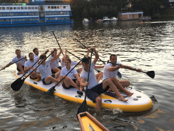 Giant Paddle Board Prague, Team building on Vltava river Prague, Fun on water, Paddle board team building, Team building Prague